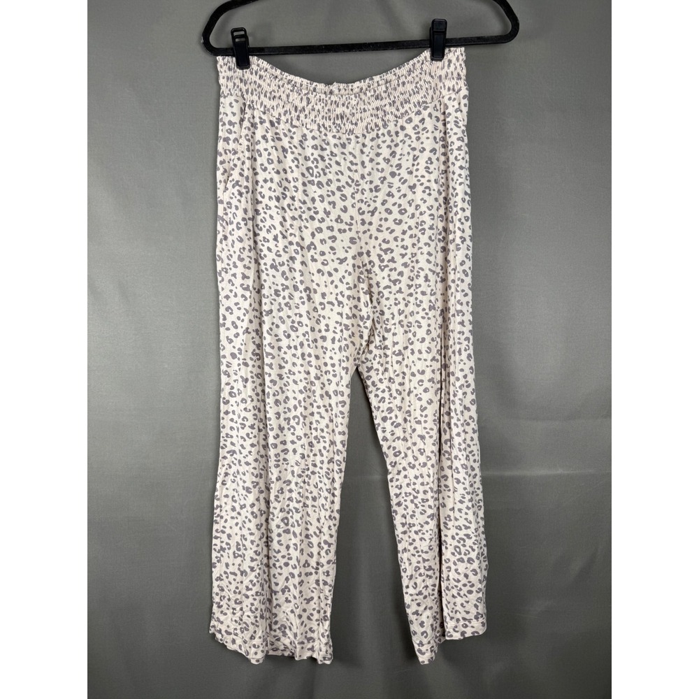 Soma Pajama Pants Women Size S Beige Gray Leopard Print Smocked Wide Leg Lounge